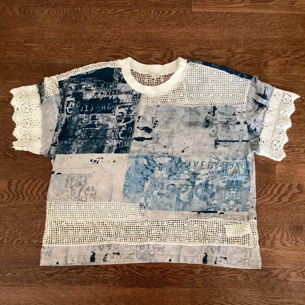 Anthropologie Pilcro Mixed Media Torn Lace Tee Blouse Short Sleeve Top Boho - Picture 12 of 12